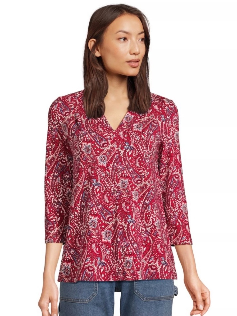 Lands End Top Women L Paisley Printed Cotton Modal V-neck Stretch Red Casual